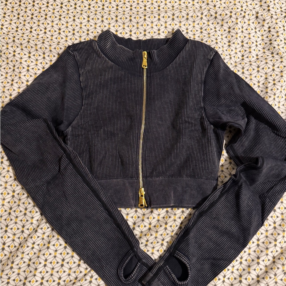 Black Cropped Jacket with Gold Zipper